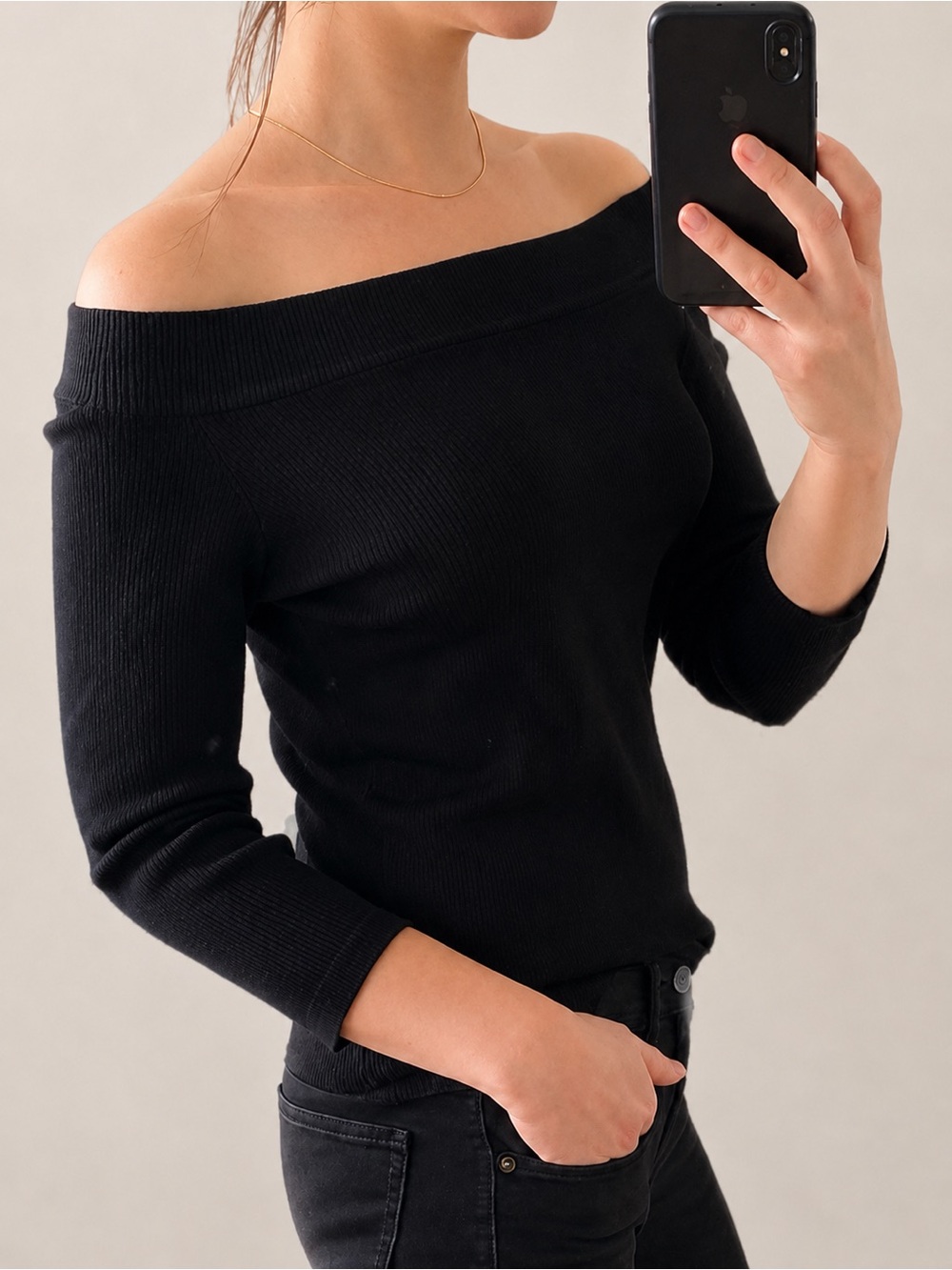 Vintage 90s Y2K Black Stretchy Off The Shoulder 3/4 Sleeve Top Brat Small